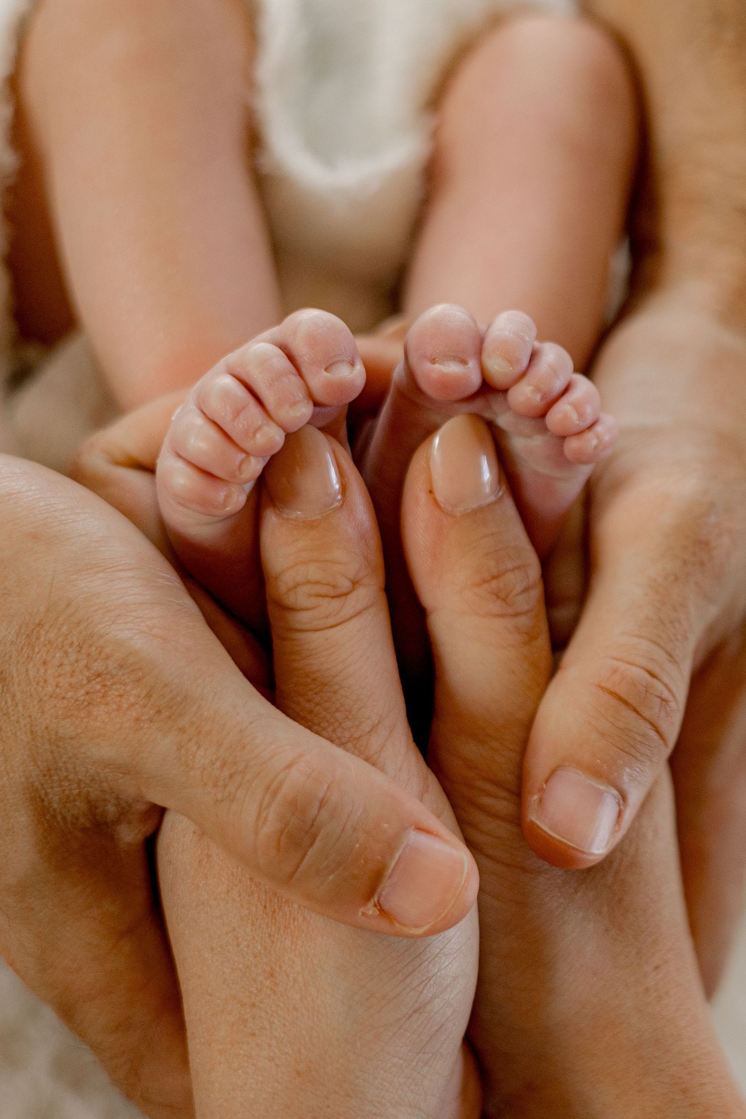 Close-up of adult hands gently cradling tiny newborn baby feet, showcasing the delicate size difference.