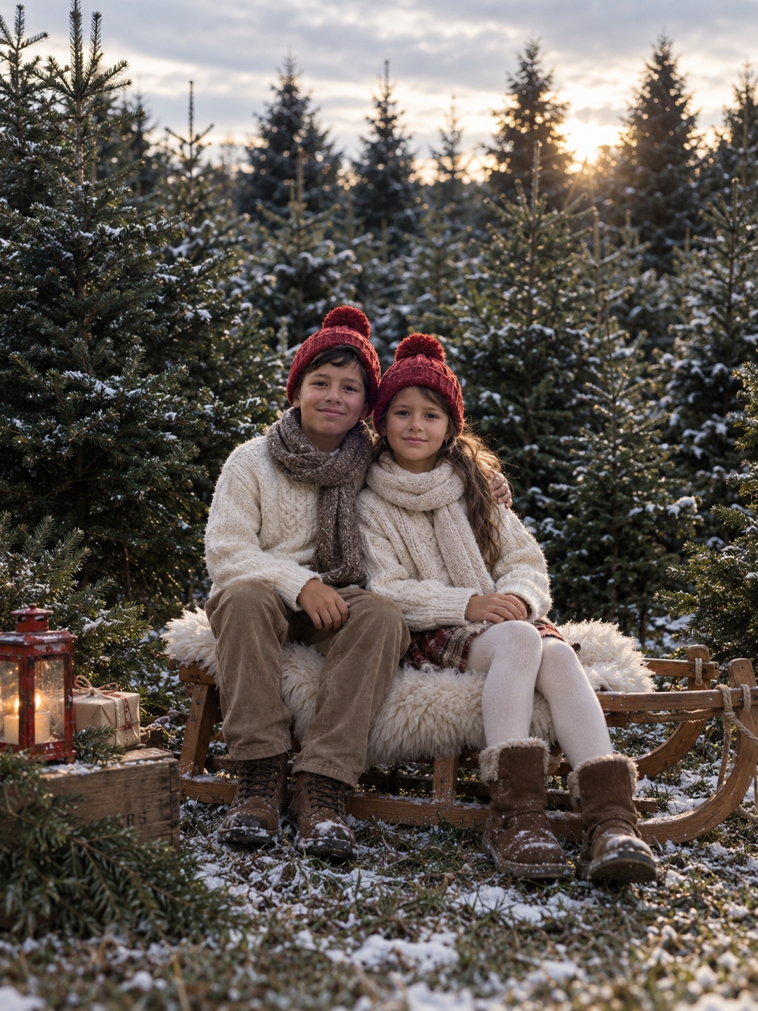 Two children in red pom-pom hats sit on a wooden sled surrounded by snow-dusted Christmas trees at sunset.