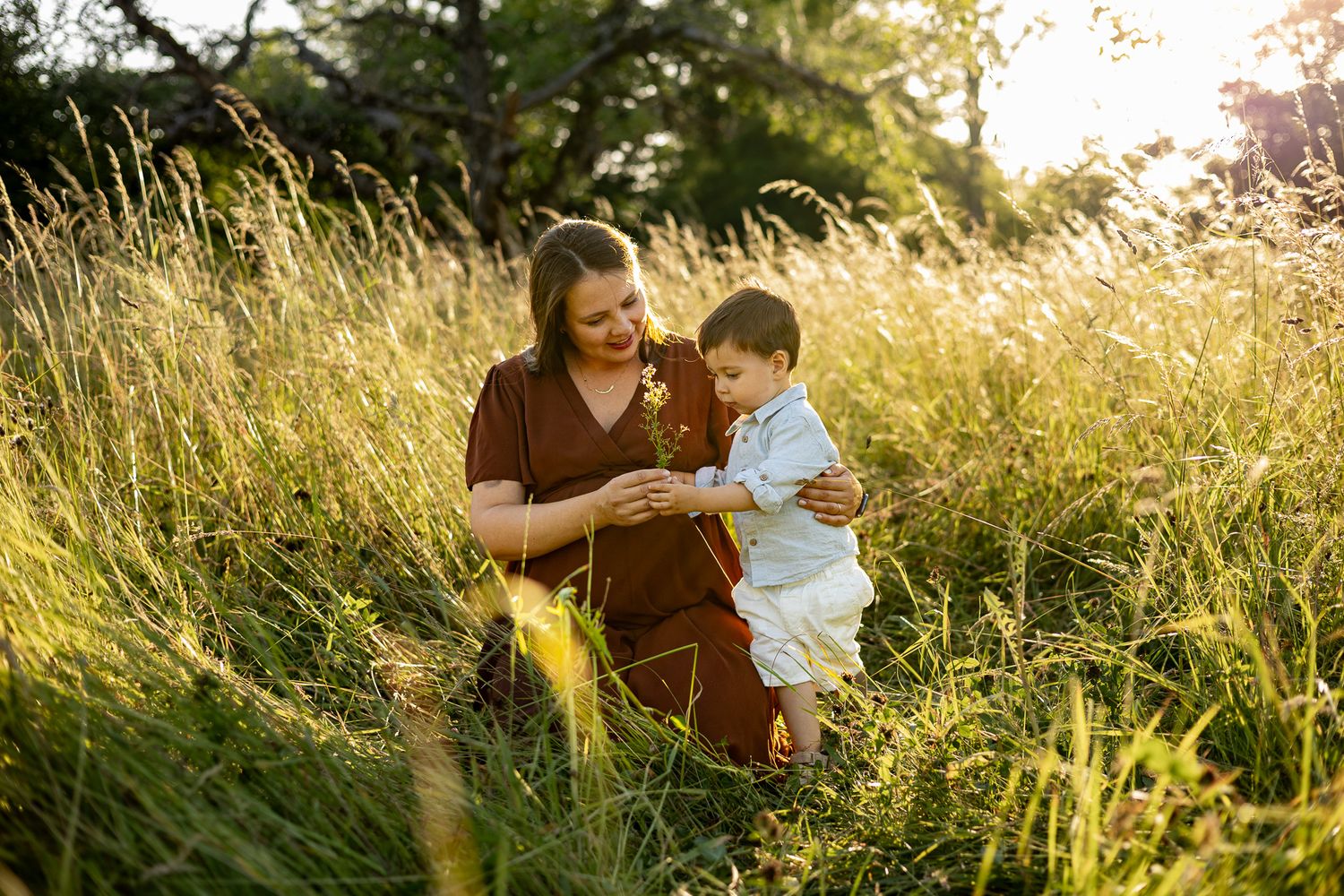 A mother and young son play together in golden sunlit tall grass field during a warm outdoor family photo session.