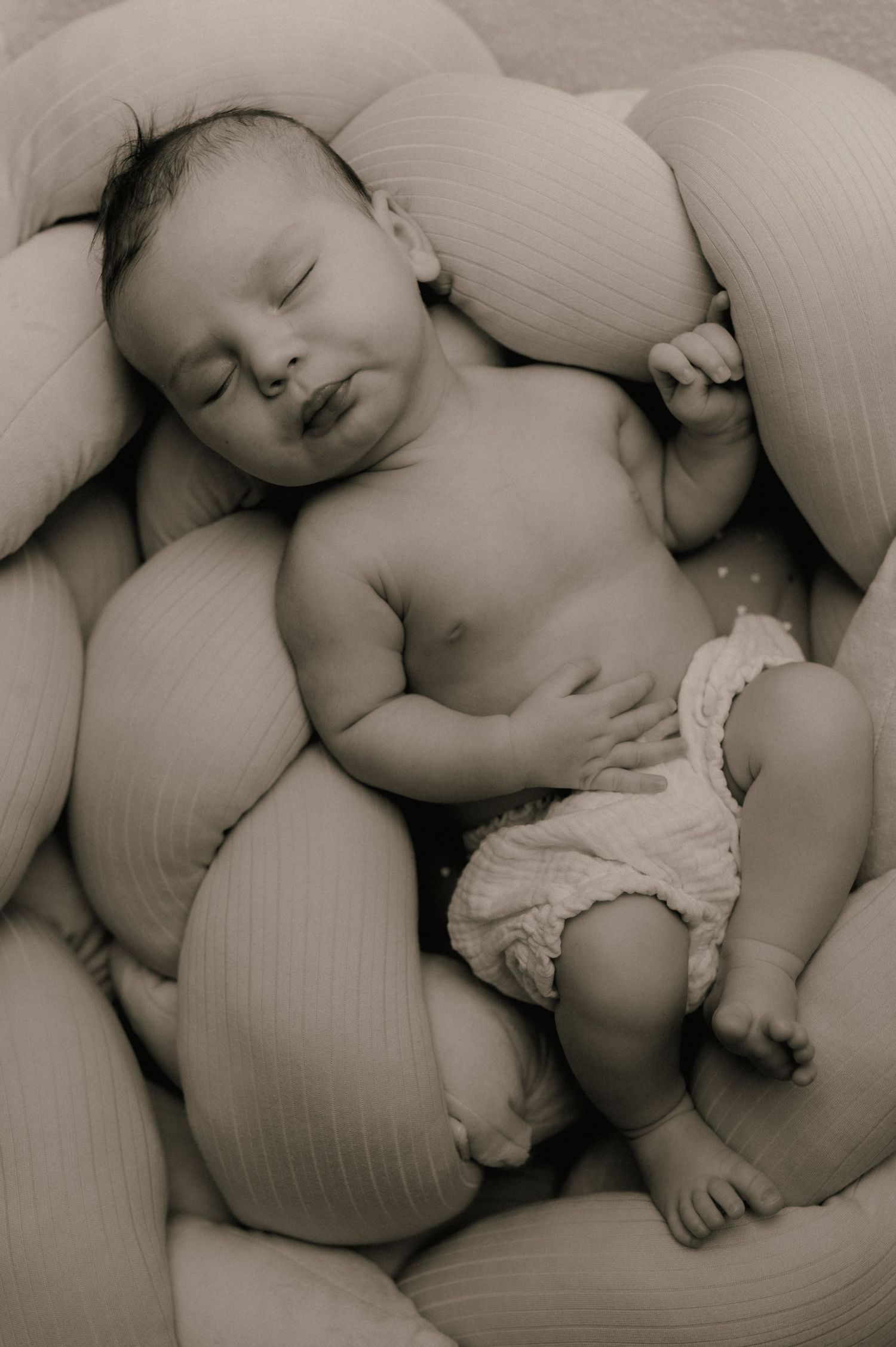 Peaceful newborn baby sleeping in a nest of soft cushions in a classic sepia-toned portrait.