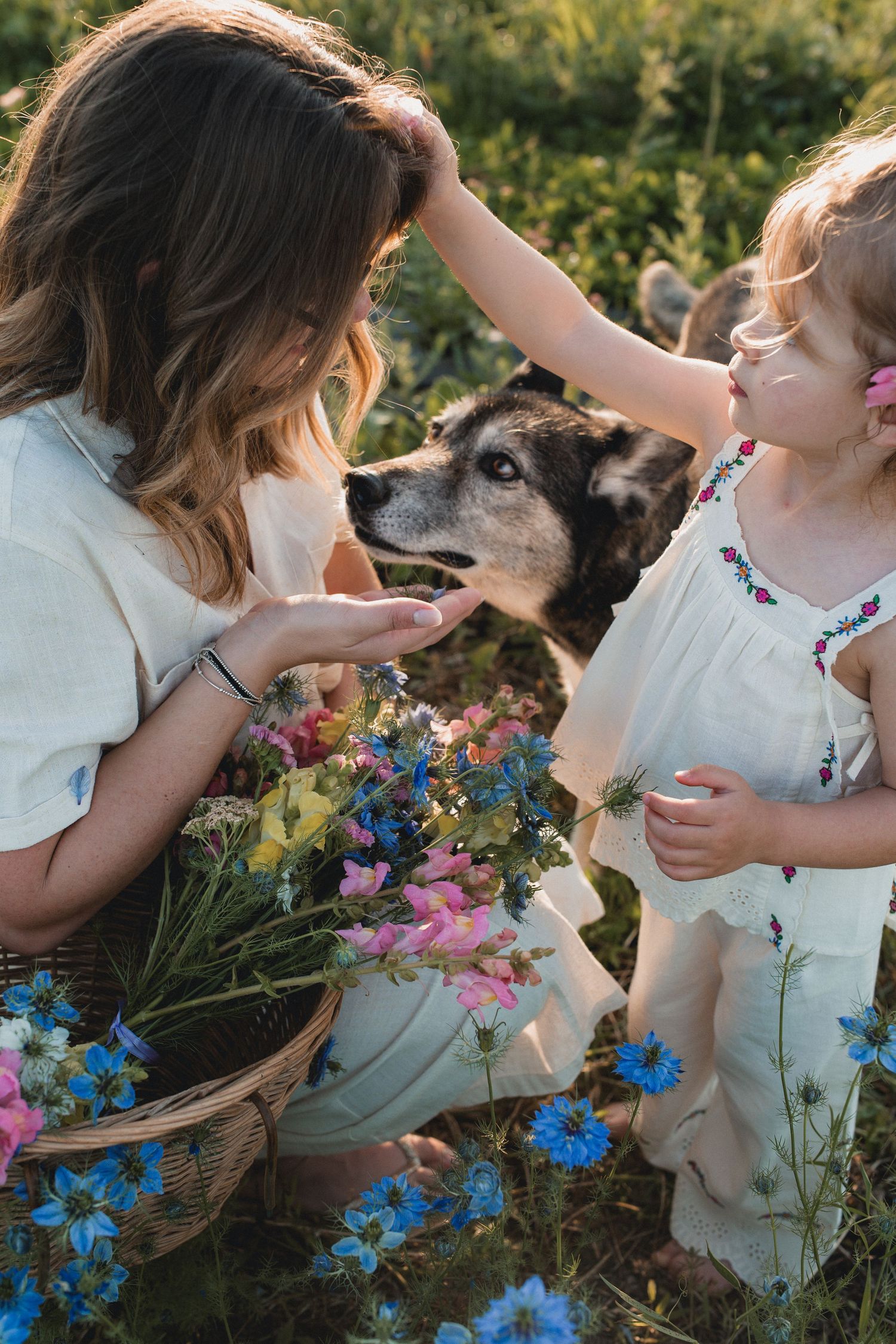 Woman and child with husky dog among wildflowers in a sunny field, holding a wicker basket of colorful blooms.
