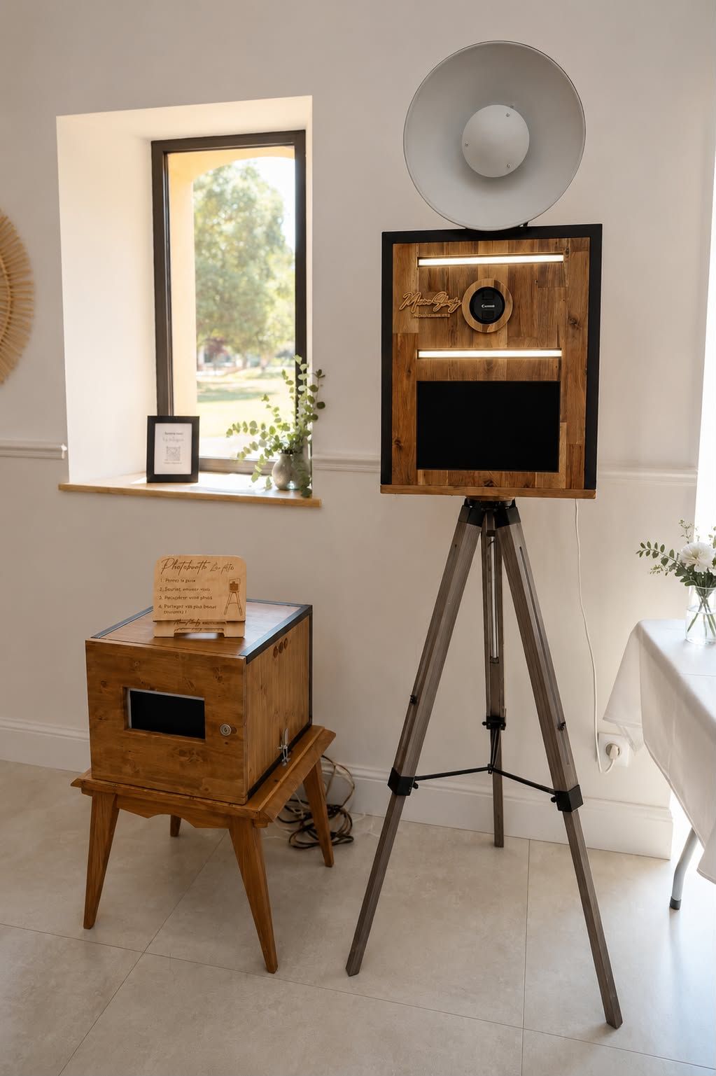 Vintage wooden photo booth on tripod with large flash dish set up in bright wedding venue.