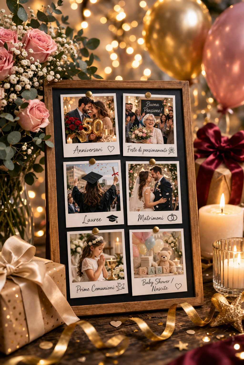 Wooden framed photo collage display with six polaroid-style celebration photos surrounded by flowers and balloons.