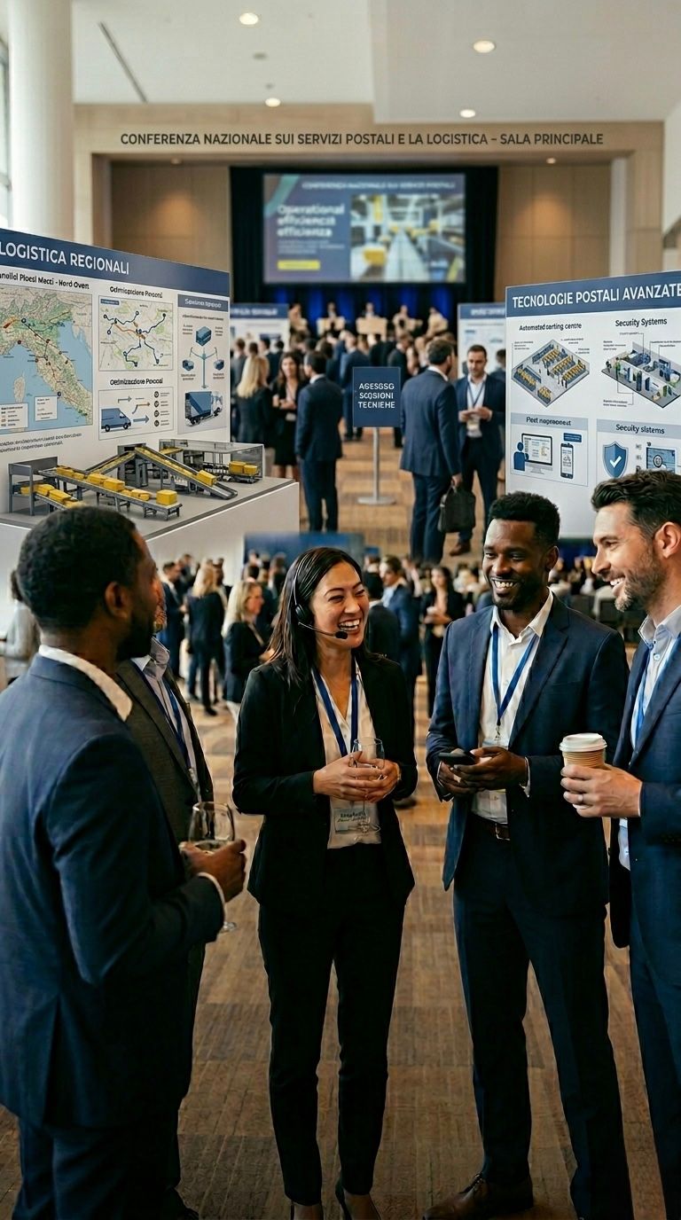 Diverse business professionals networking and conversing at a national postal services conference.
