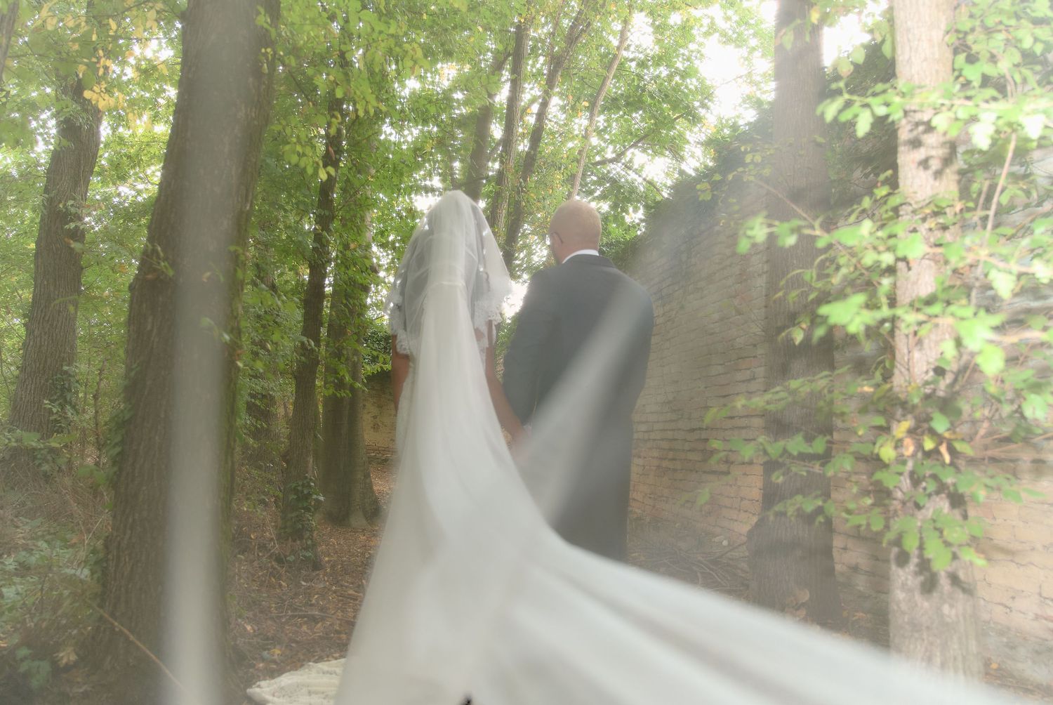 Bride in long veil walks with groom through wooded wedding venue.