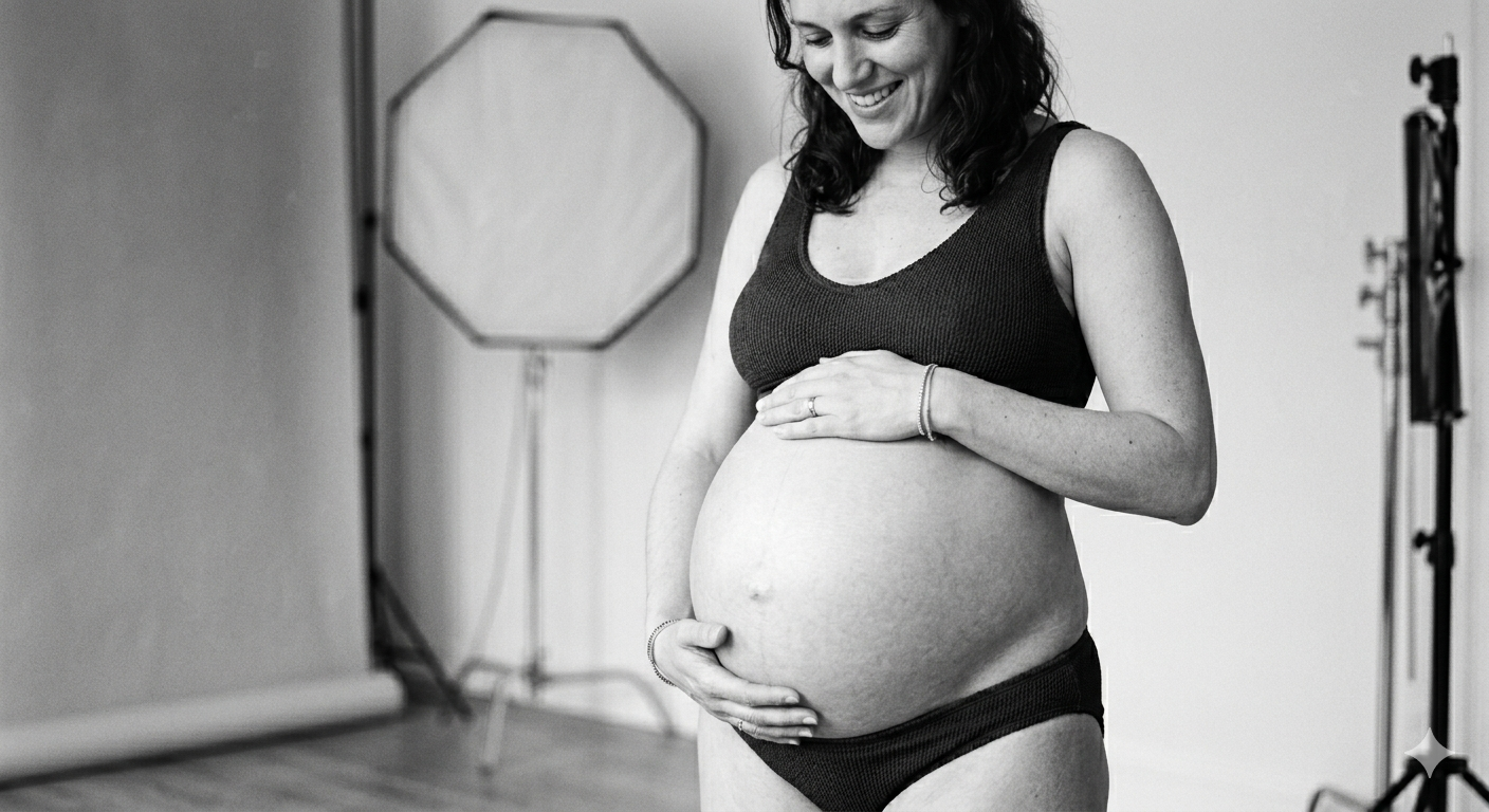 A black and white photo of a smiling pregnant woman cradling her baby bump in a studio.