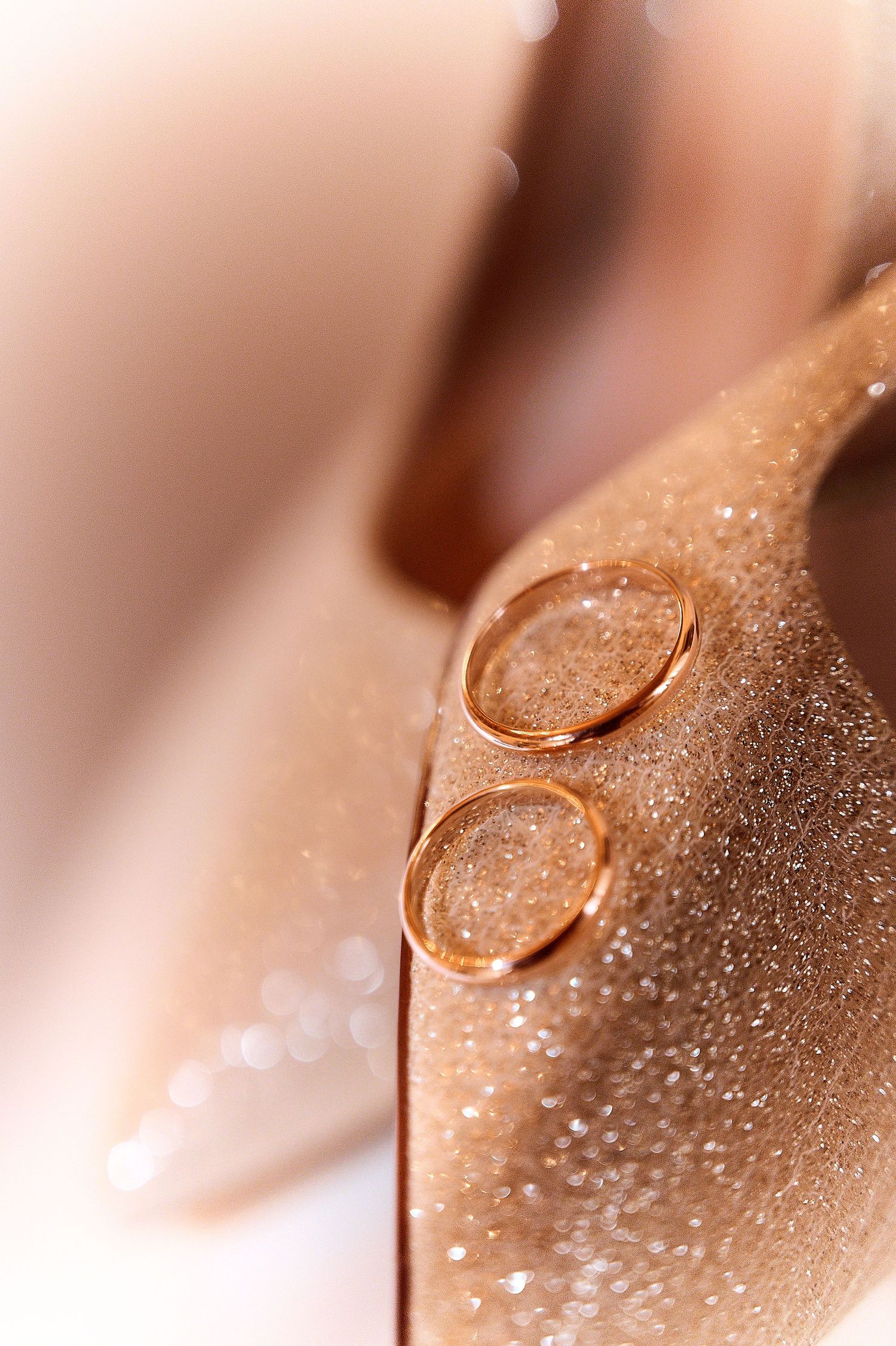 Two gold wedding rings resting on a pair of sparkling champagne-colored high heel shoes.