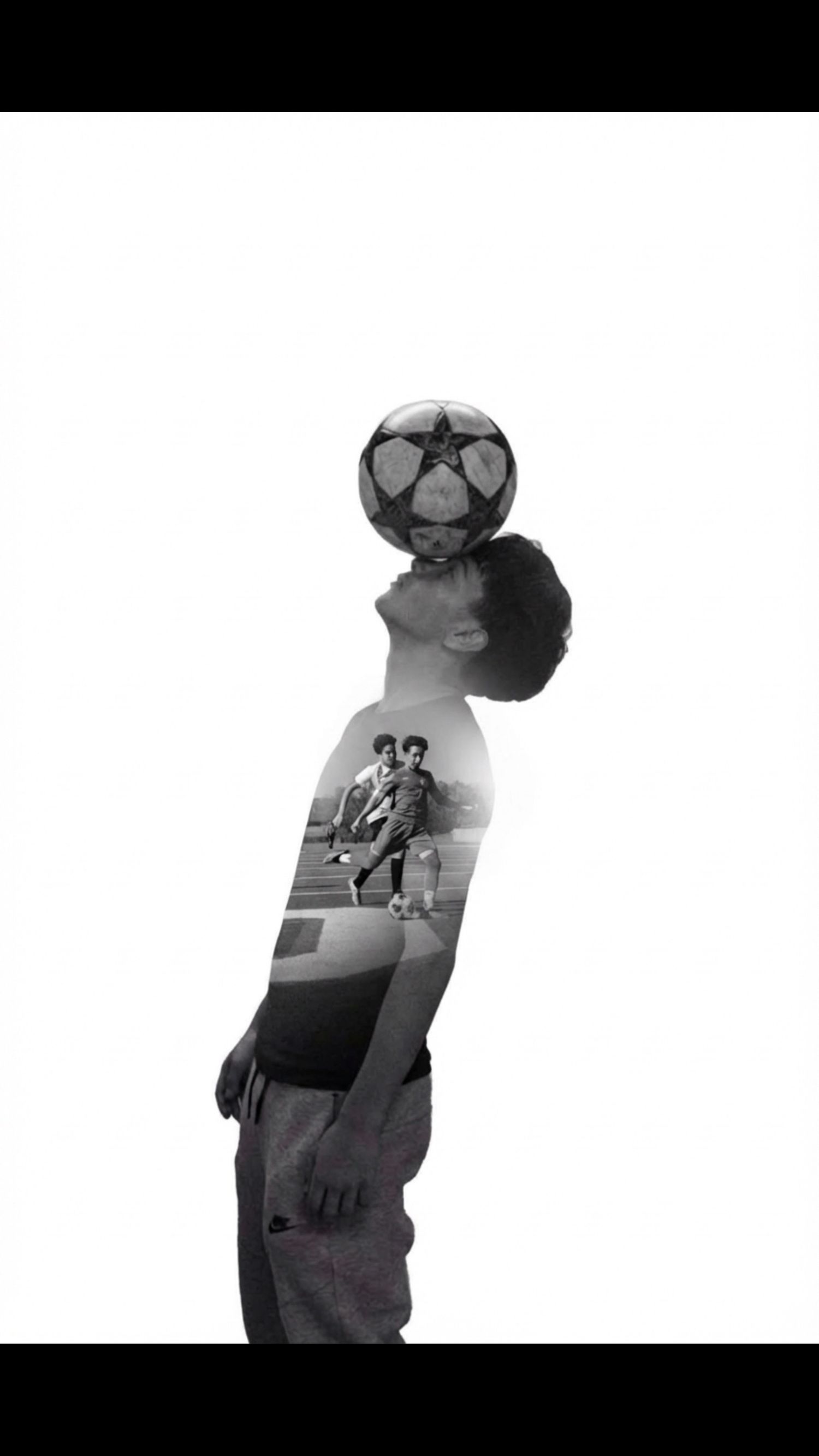 An athlete balancing or holding a ball above their head against a plain background