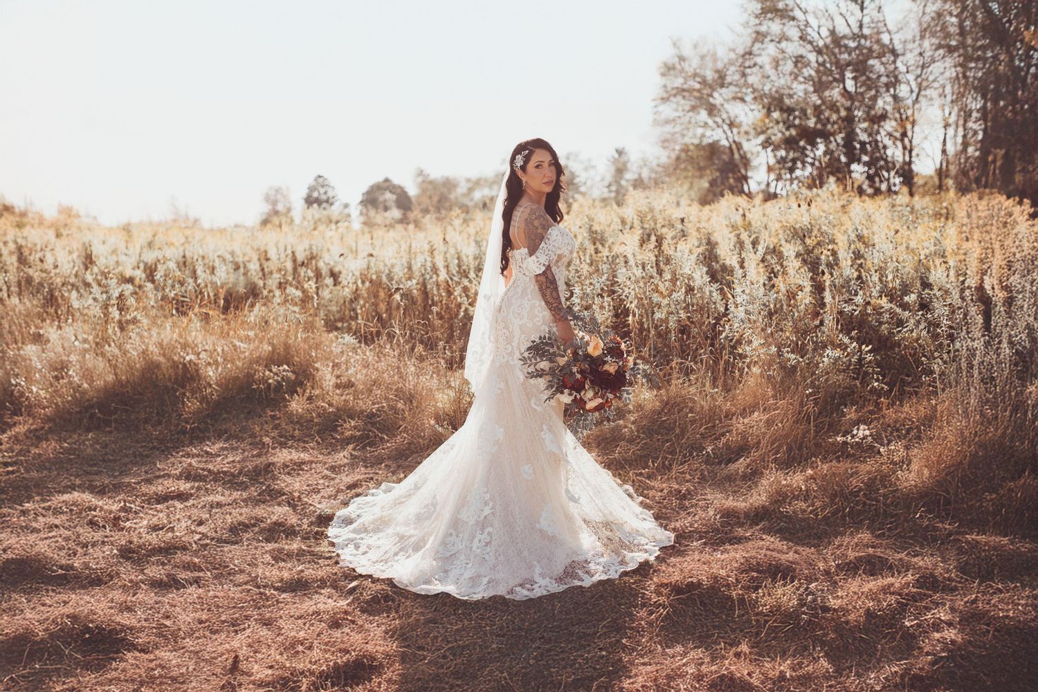 Artistic series of bridal portraits in a rustic outdoor setting during golden hour.