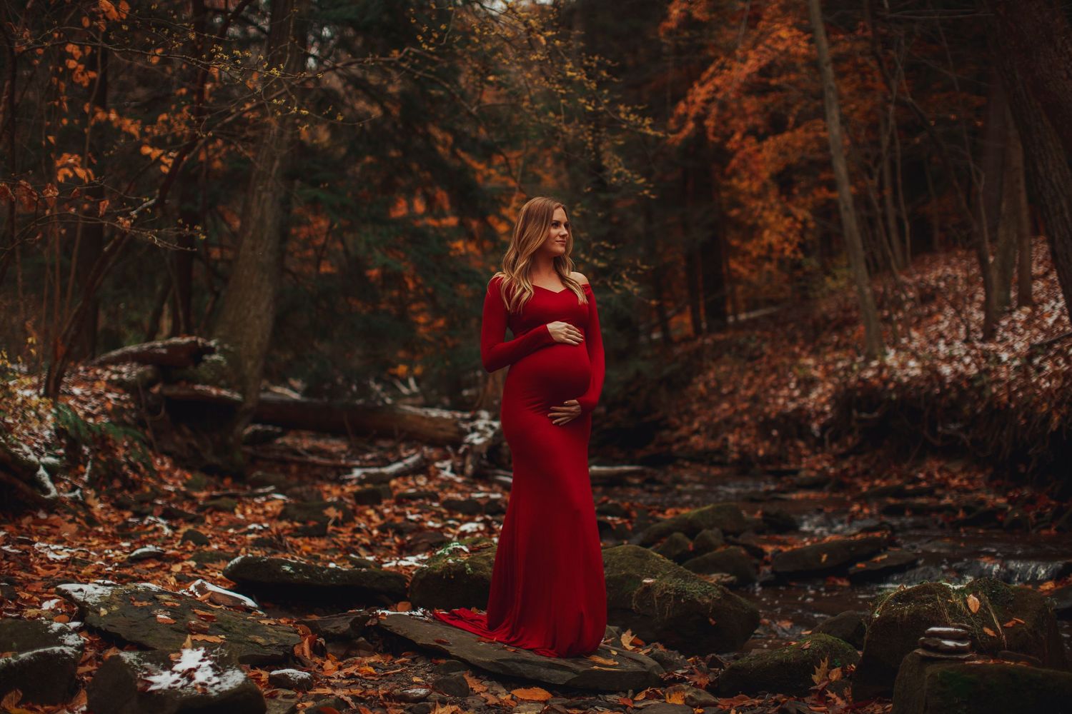 Atmospheric autumn forest scene with figure in red coat among fallen leaves.