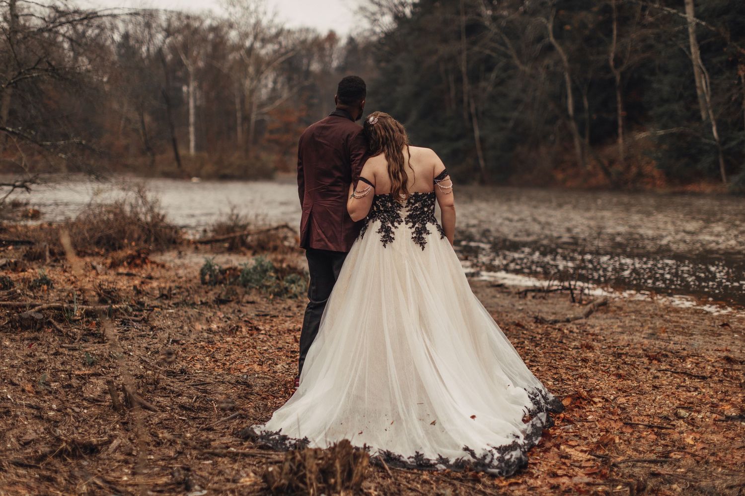 Wedding dress photography series showing intricate details against autumn backdrop.