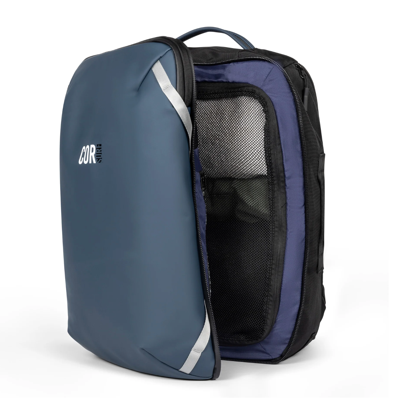 Product lineup of sleek navy blue travel bags and luggage accessories.