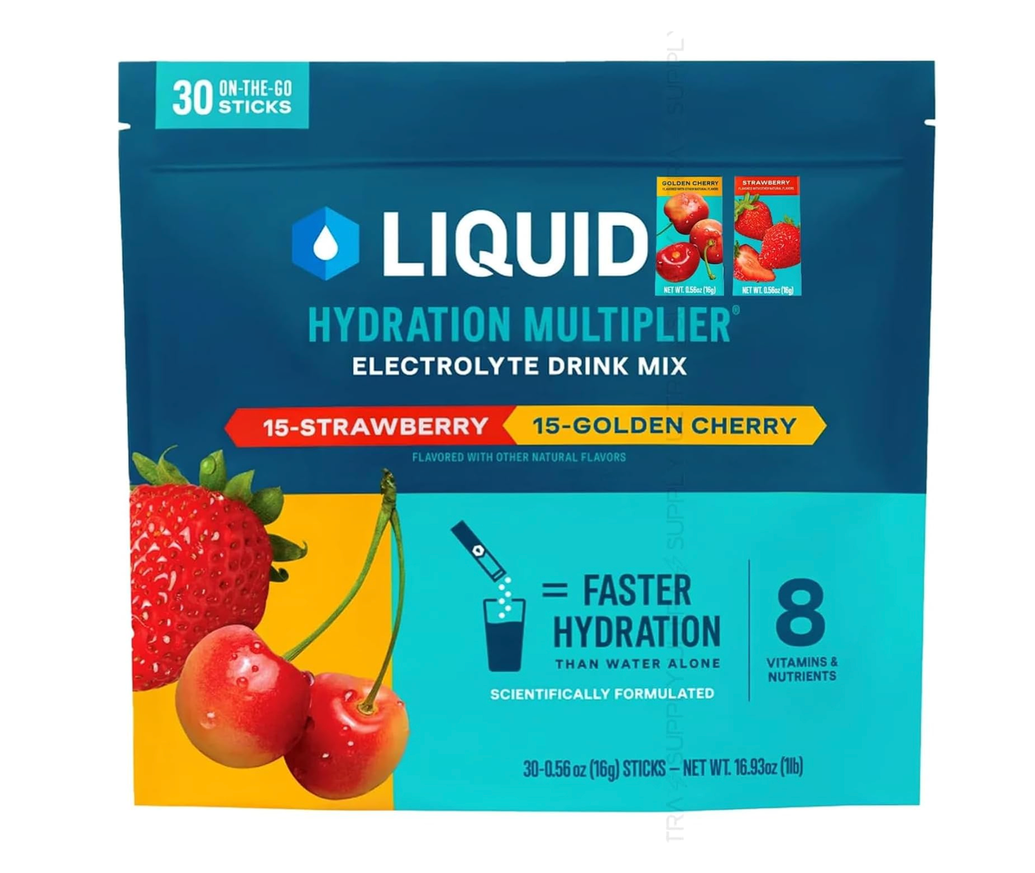 Package of Liquid I.V. hydration multiplier electrolyte drink mix in strawberry and golden cherry flavors.