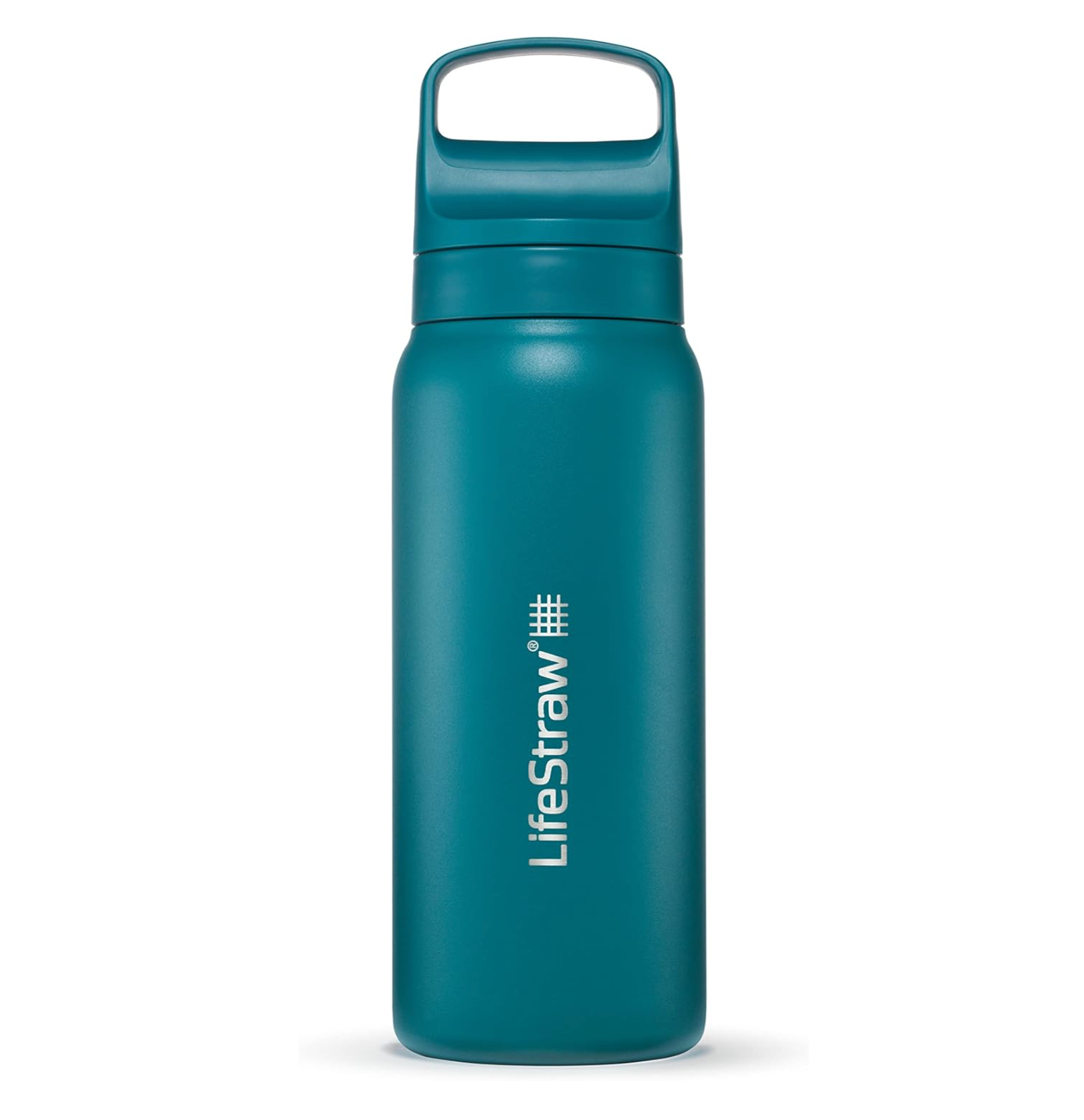 A teal blue LifeStraw stainless steel water bottle with insulation and wide-mouth screw cap shown against white background.
