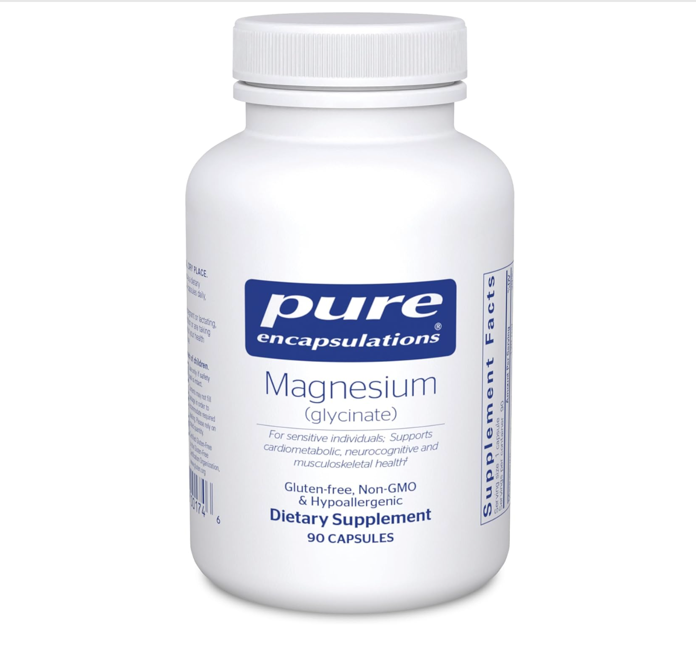 White bottle of Pure Encapsulations magnesium dietary supplement.