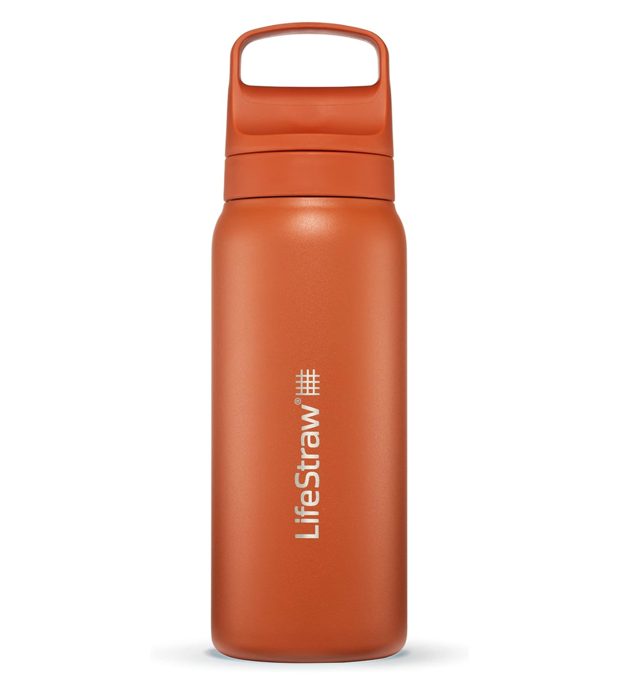 Orange LifeStraw water bottle with carry handle on white background.