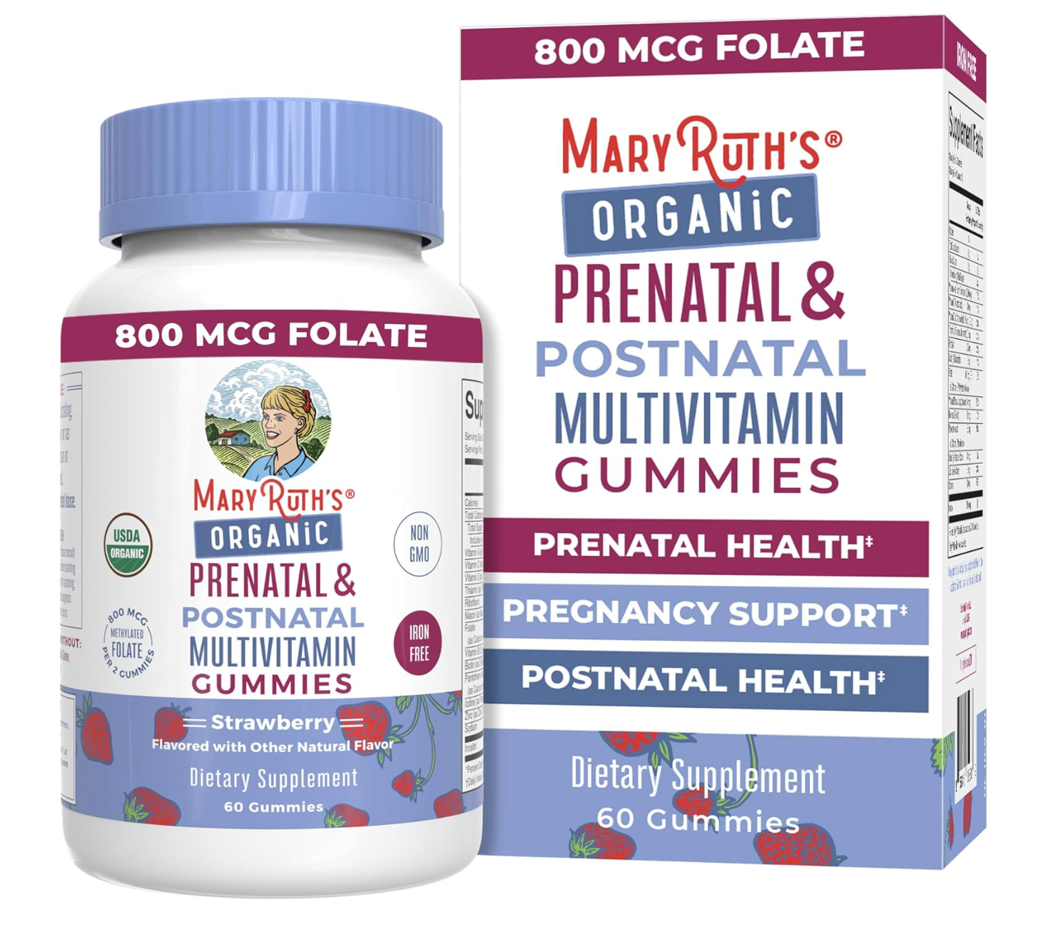 Mary Ruth's organic prenatal and postnatal multivitamin gummies packaging.
