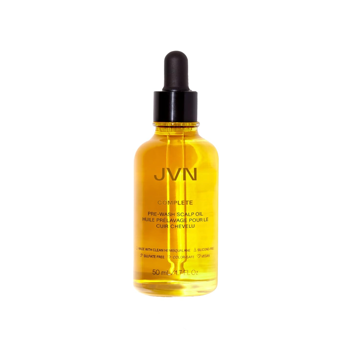 Yellow serum dropper bottle with black cap containing skincare product.
