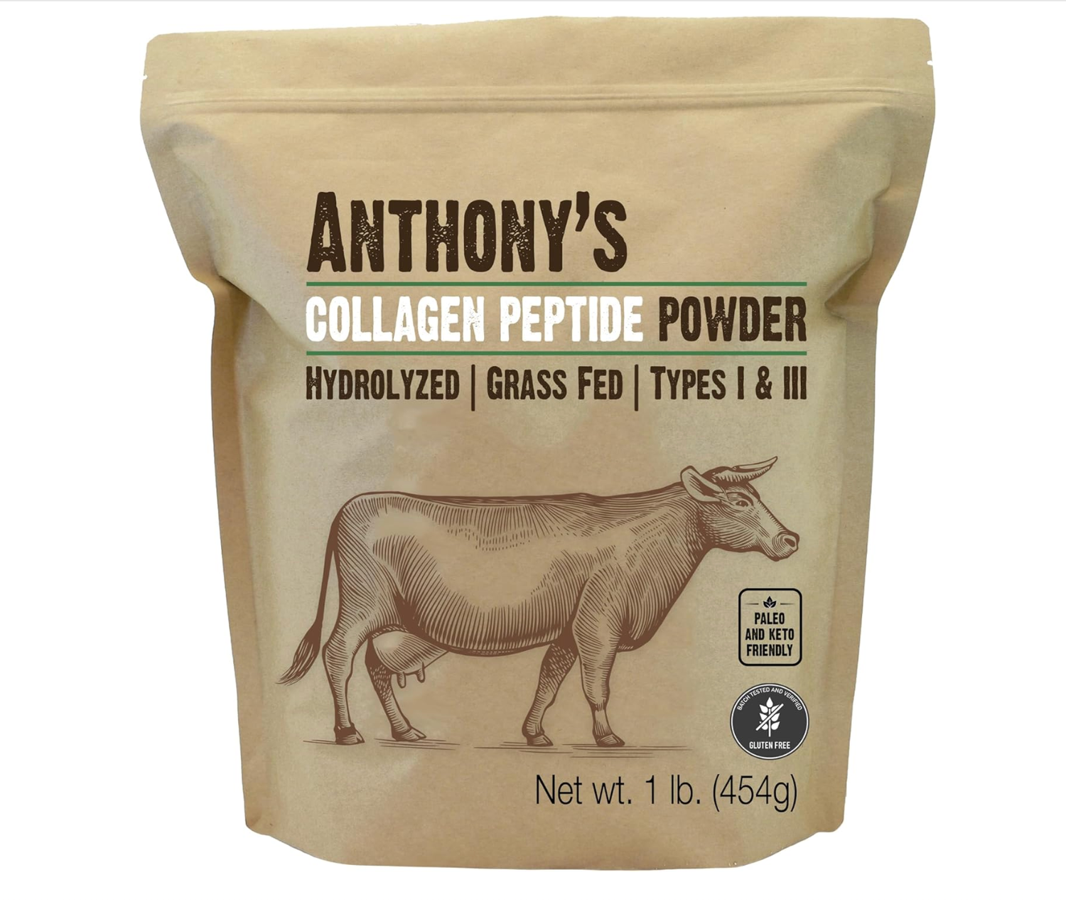 Package of Anthony's grass-fed collagen peptide powder with cow illustration.