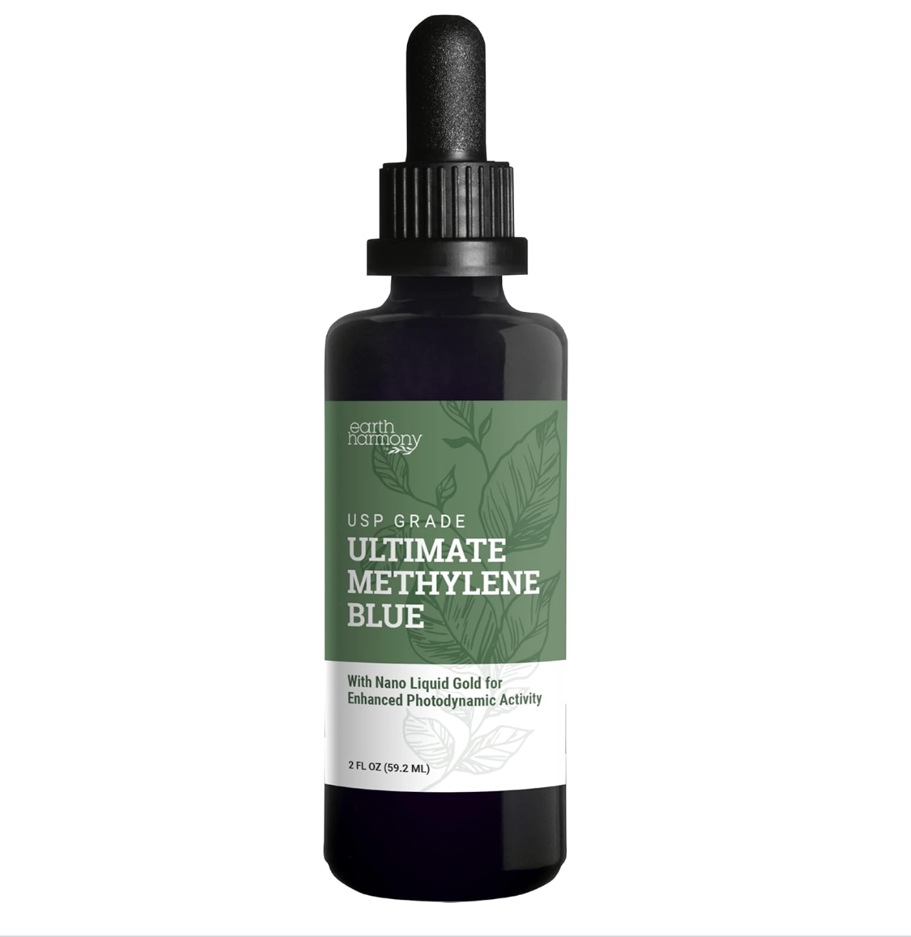 Green glass dropper bottle with Ultimate Methylene supplement label showing medicinal product packaging against white background.