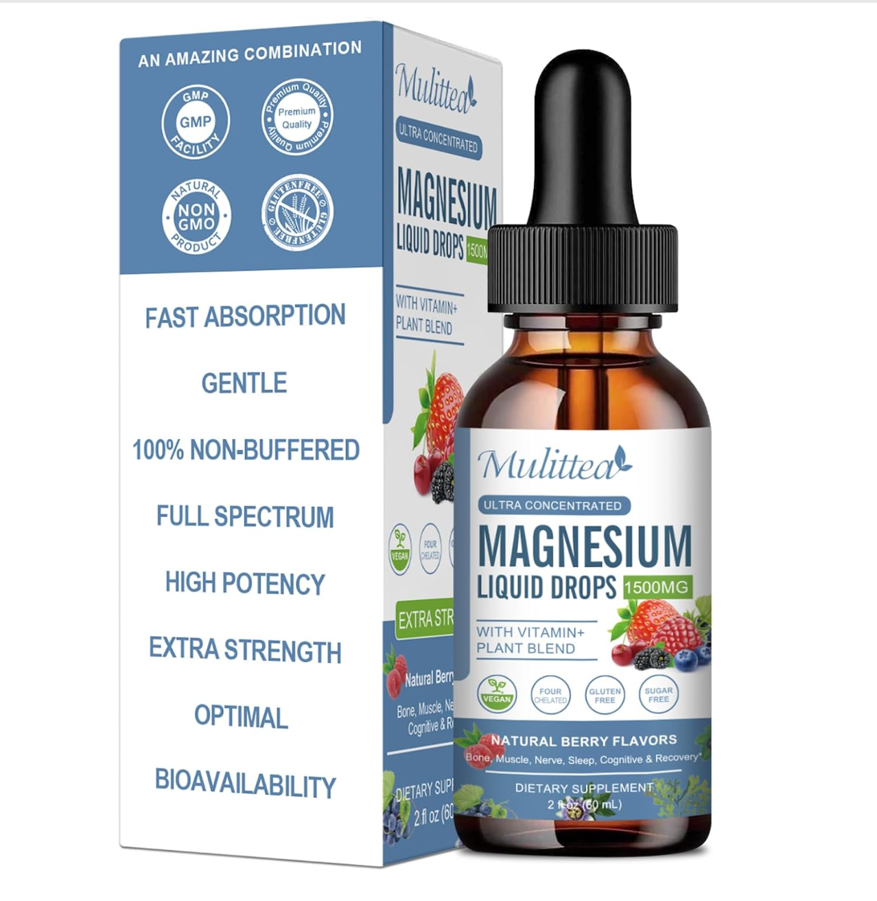 Magnesium liquid drops supplement bottle and packaging box showing fast absorption and high potency features.