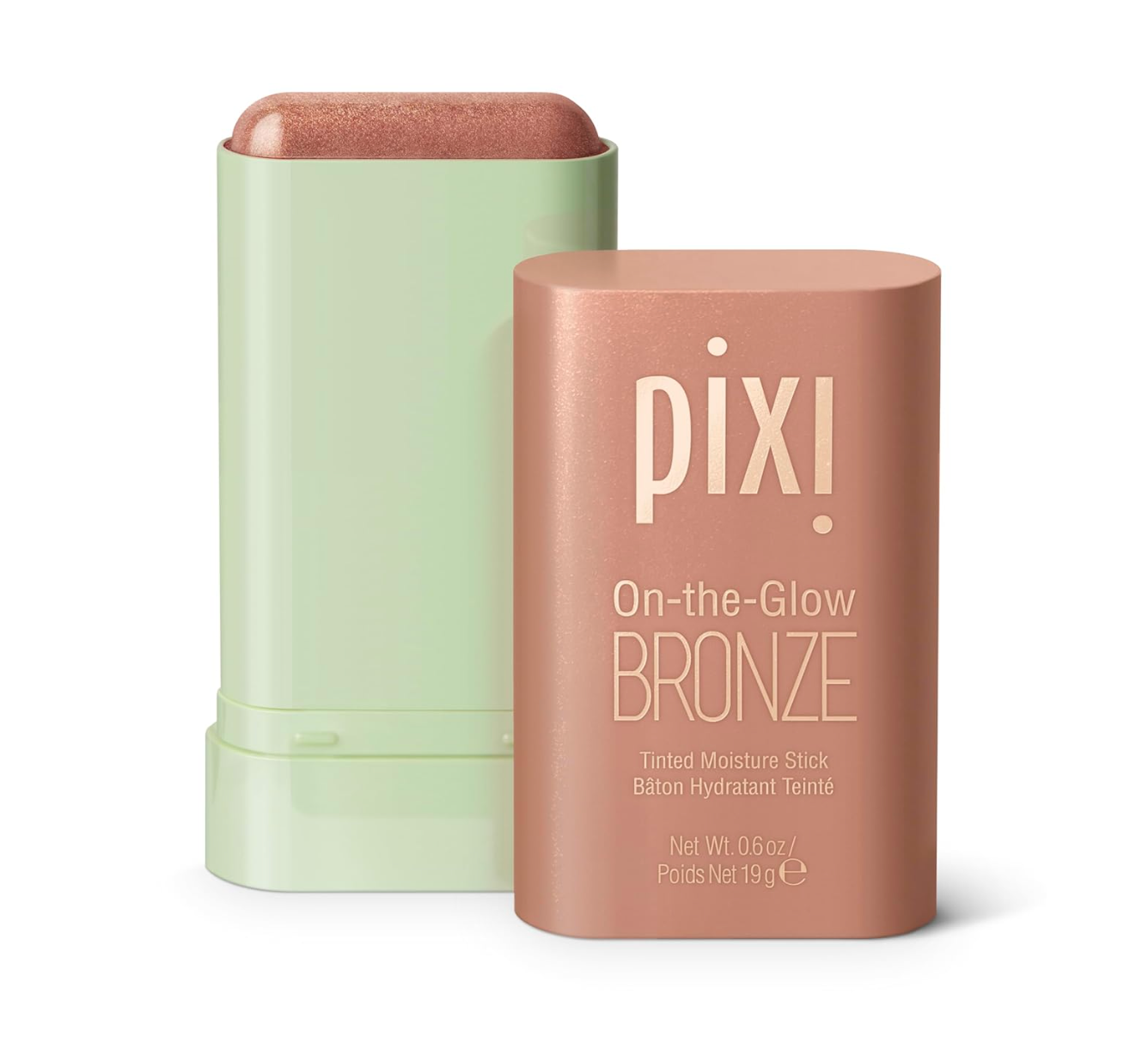Pixi Beauty On-the-Glow bronze stick in mint green and rose gold packaging.