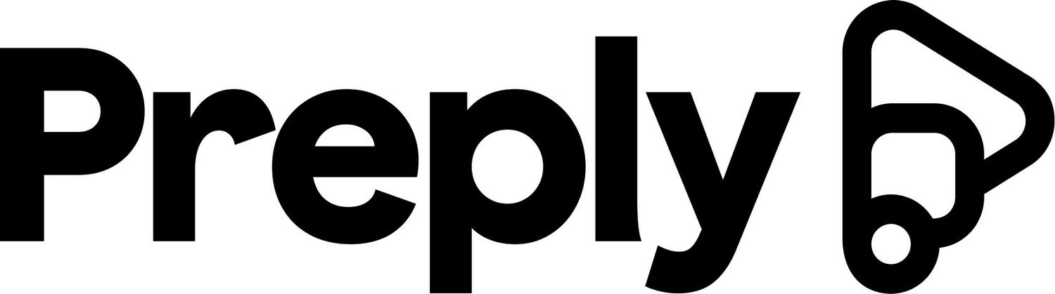 Preply company logo design in black lettering with stylized icon.