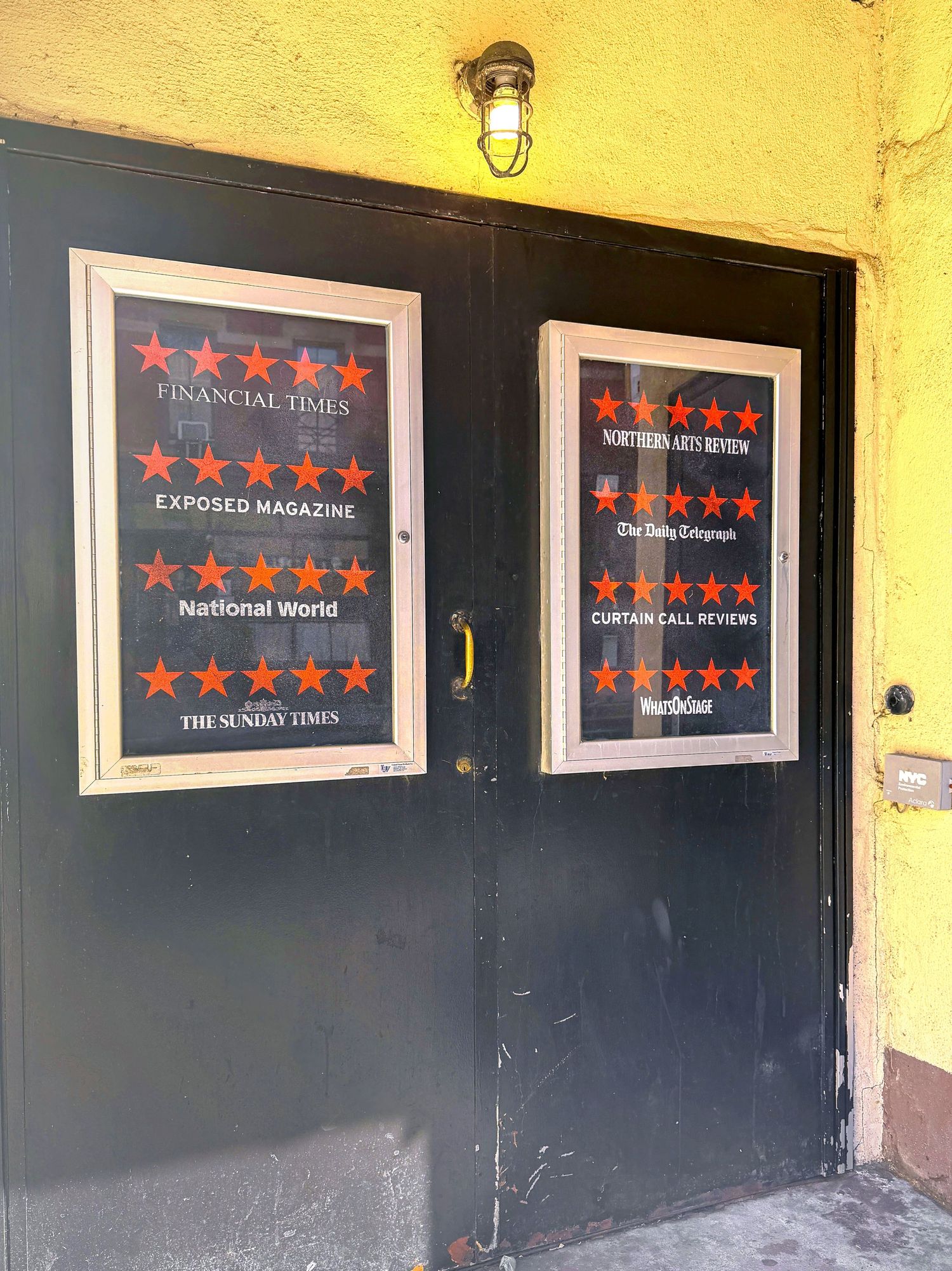 Display cases at the Lucille Lortel Theatre for KENREX: A True Crime Thriller