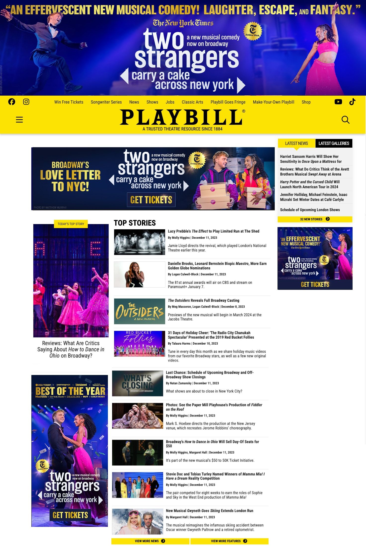 Playbill website takeover for Two Strangers (Carry a Cake Across New York)