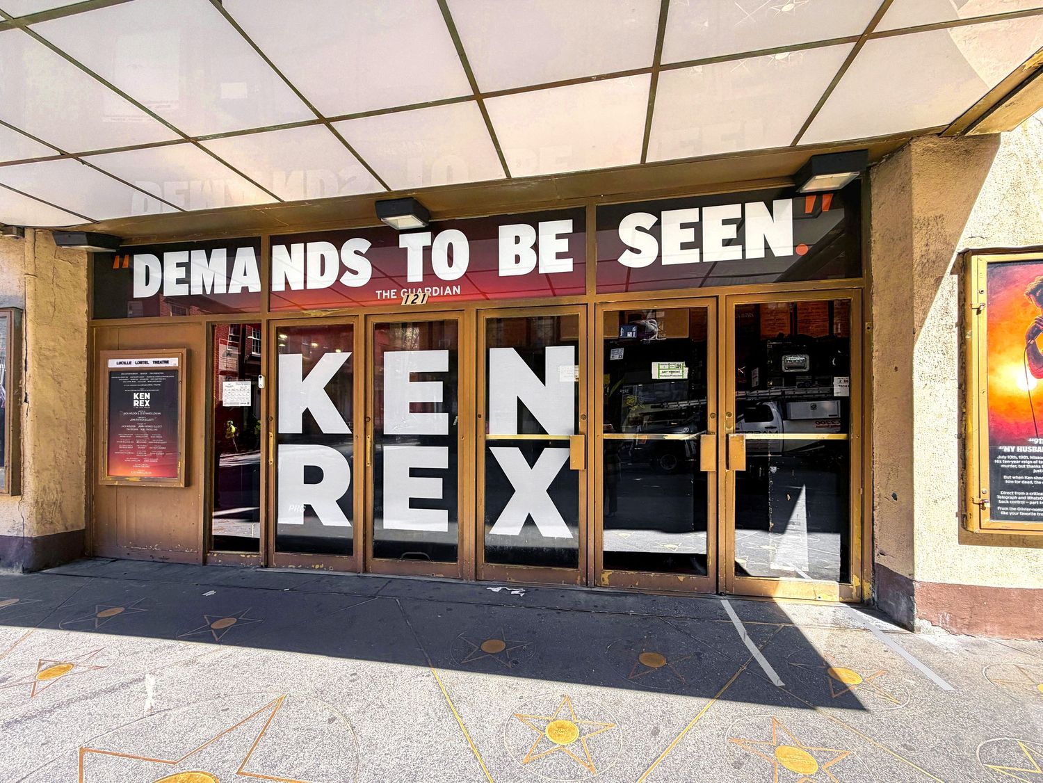 Front doors of the Lucille Lortel Theatre for KENREX: A True Crime Thriller