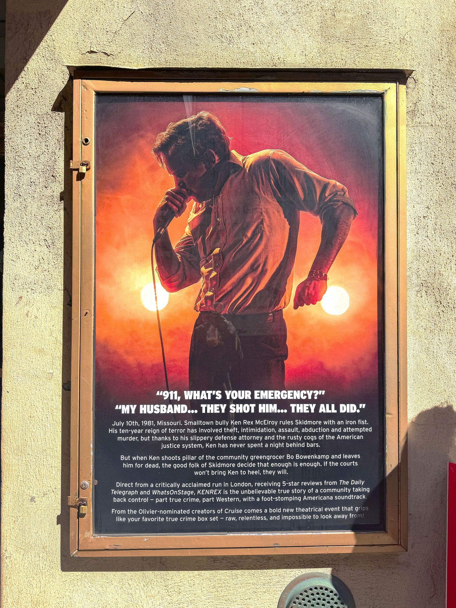 Display cases at the Lucille Lortel Theatre for KENREX: A True Crime Thriller