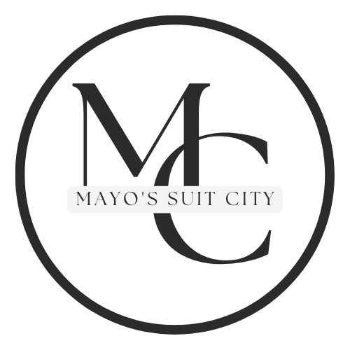 A circular black and white logo design featuring the letters MC and text reading 'Mayo's Suit City' in an elegant font.
