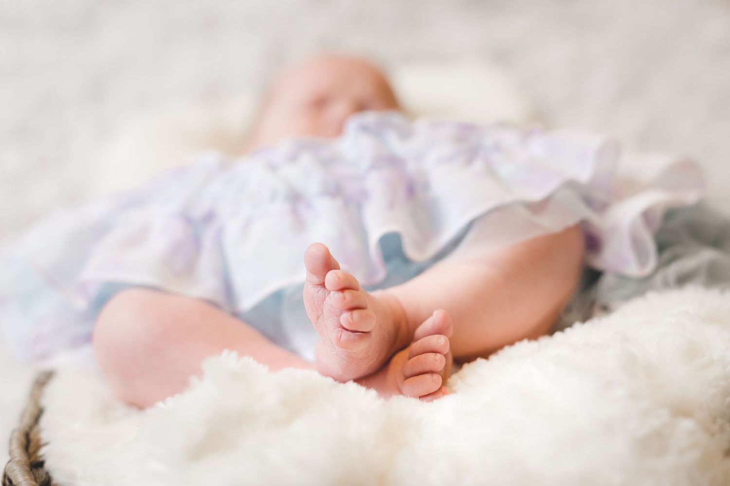 Close up of tiny newborn baby feet wrapped in soft white blanket against neutral background.