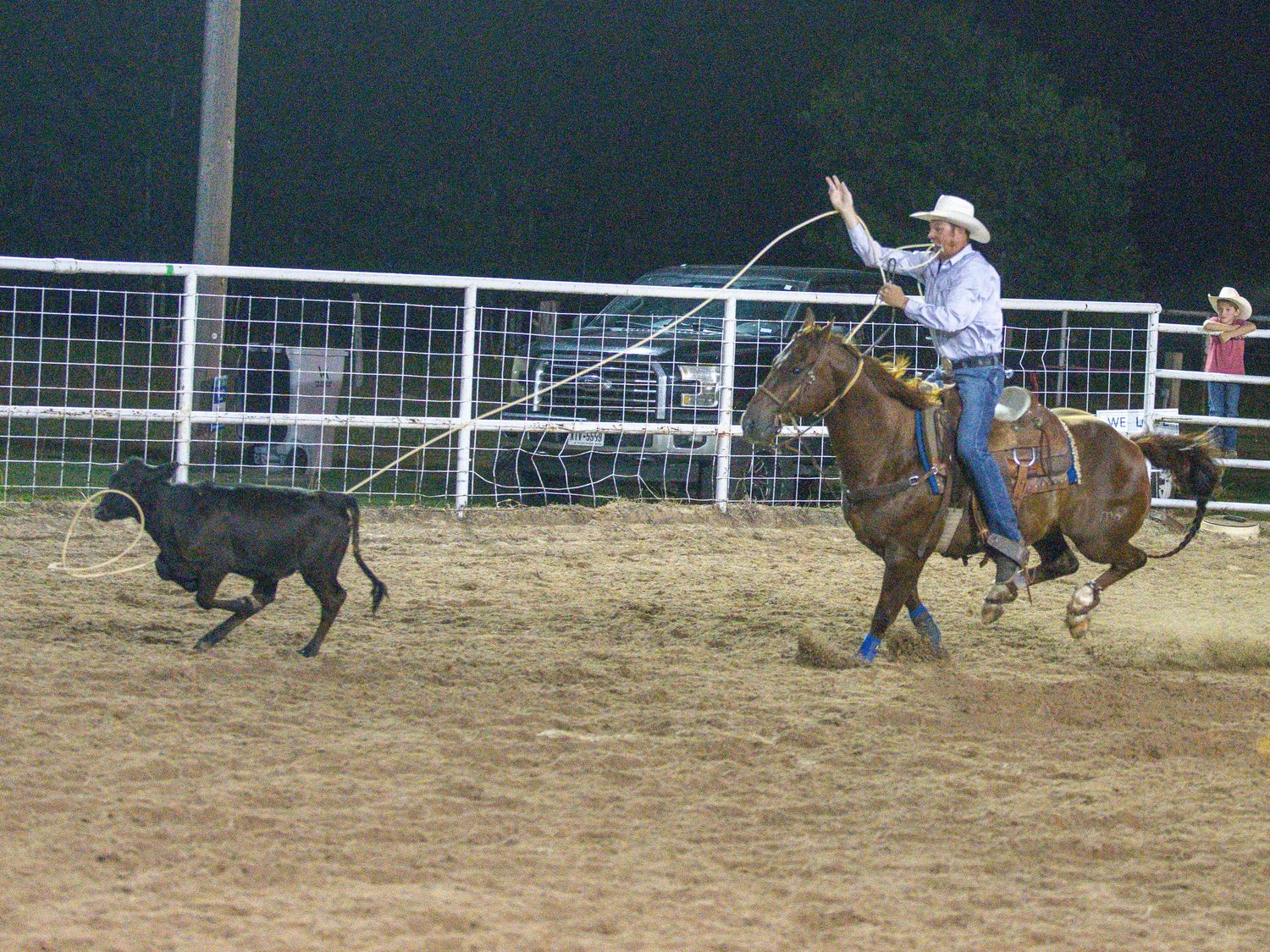 Cowboy on horseback swinging a rope while chasing a black calf during an outdoor rodeo competition.