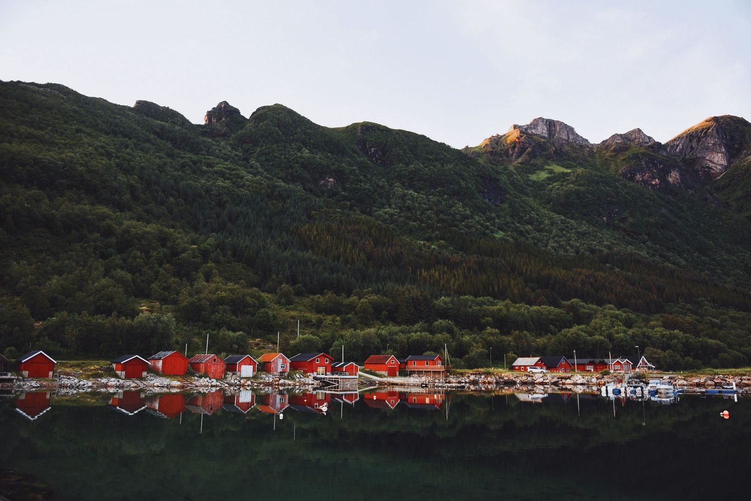 Traditional red Norwegian fishing cabins reflect perfectly in a still fjord with green mountains behind.