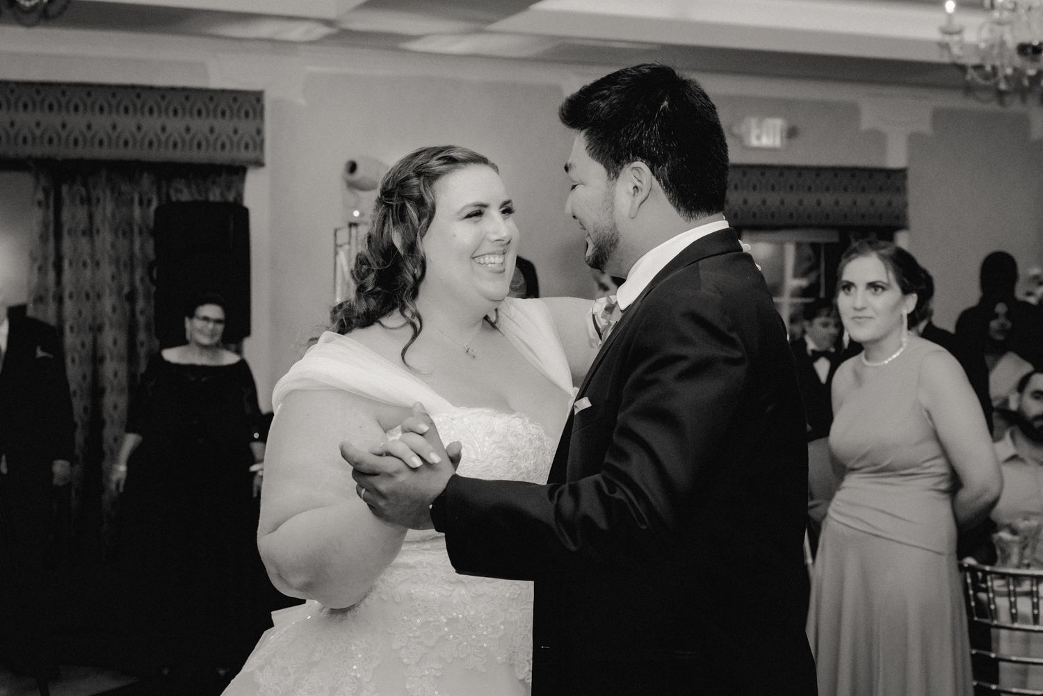 Timeless black and white photograph of a Westchester, NY couple sharing their first dance.