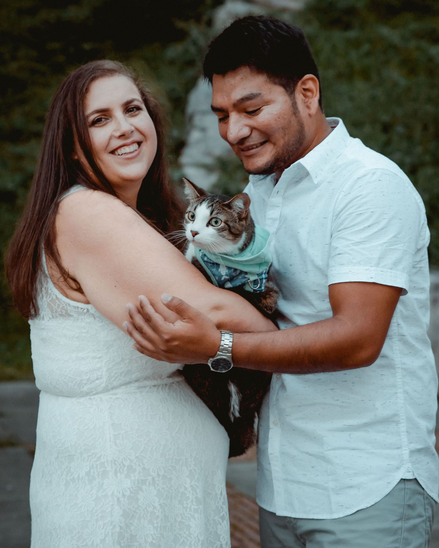 The bride-to-be and her fiance snuggle up with their pet cat for a family portrait in Westchester, NY at sunset.