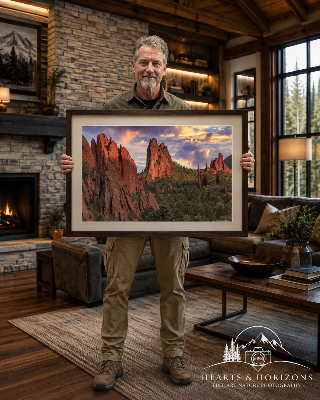 An Image of James Egbert holding a framed print of the Garden of the Gods, Ridge Line at Sunset In Colorado Springs, Colorado