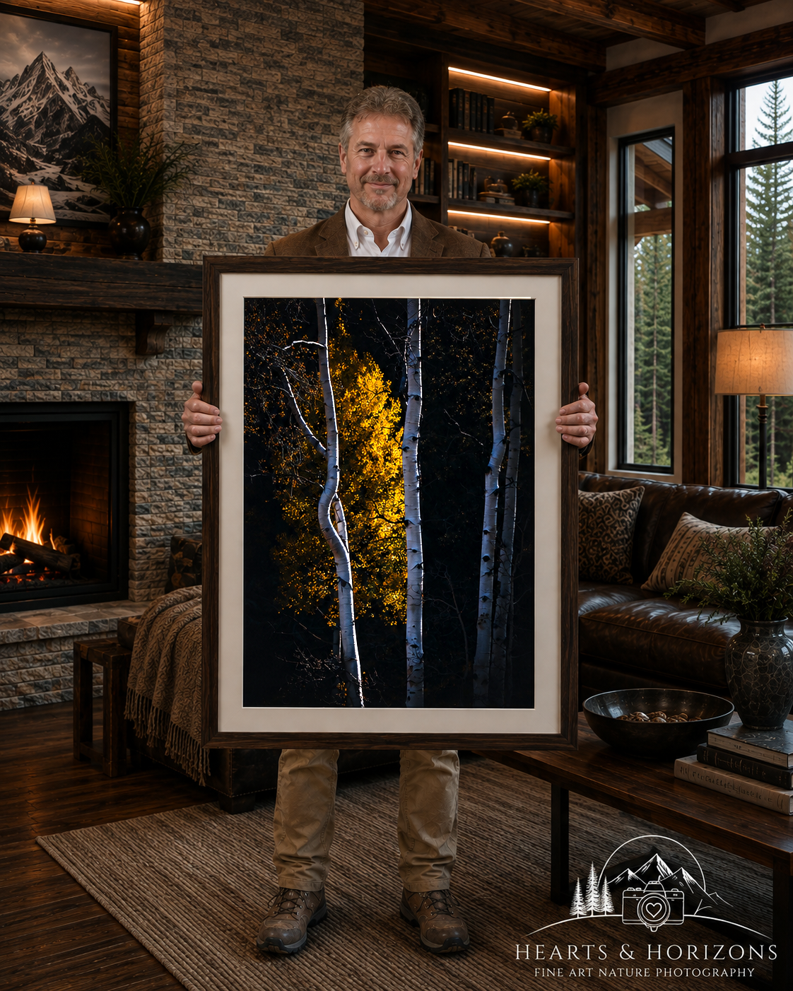 An image of James Egbert holding a framed print of the Gold Colors of Quaking Aspens in Pike National Forest, Colorado