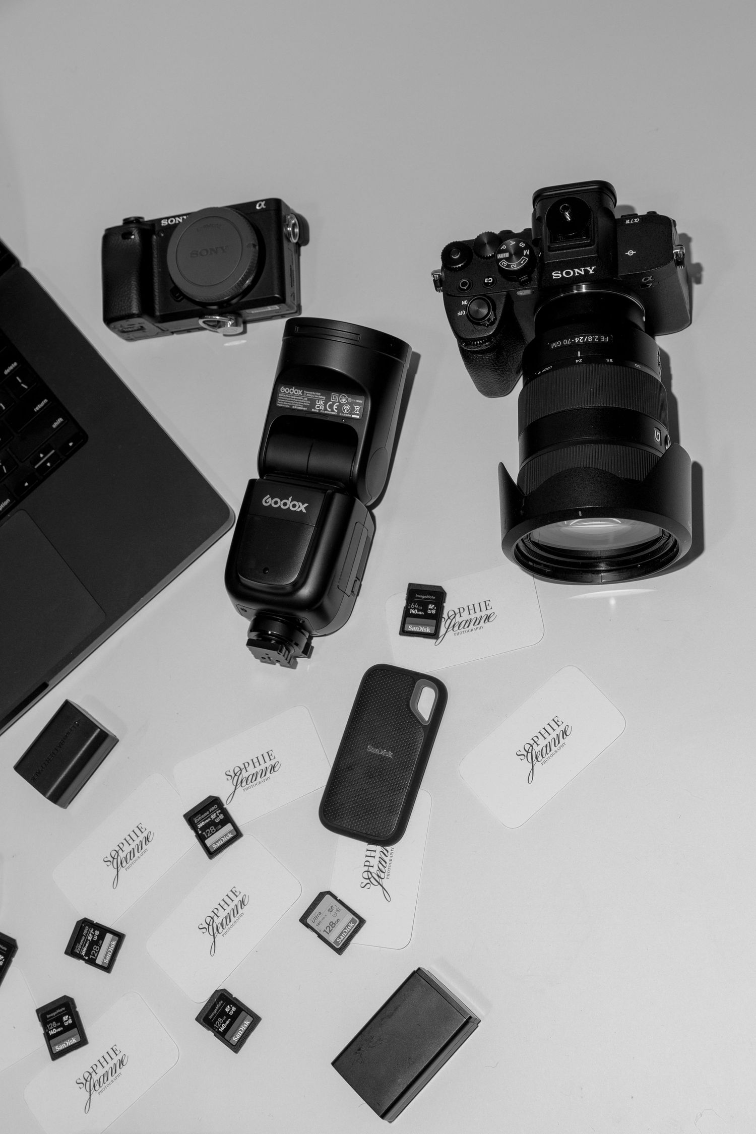 Black and white photo of camera equipment including lenses, memory cards, and batteries arranged on a white surface.