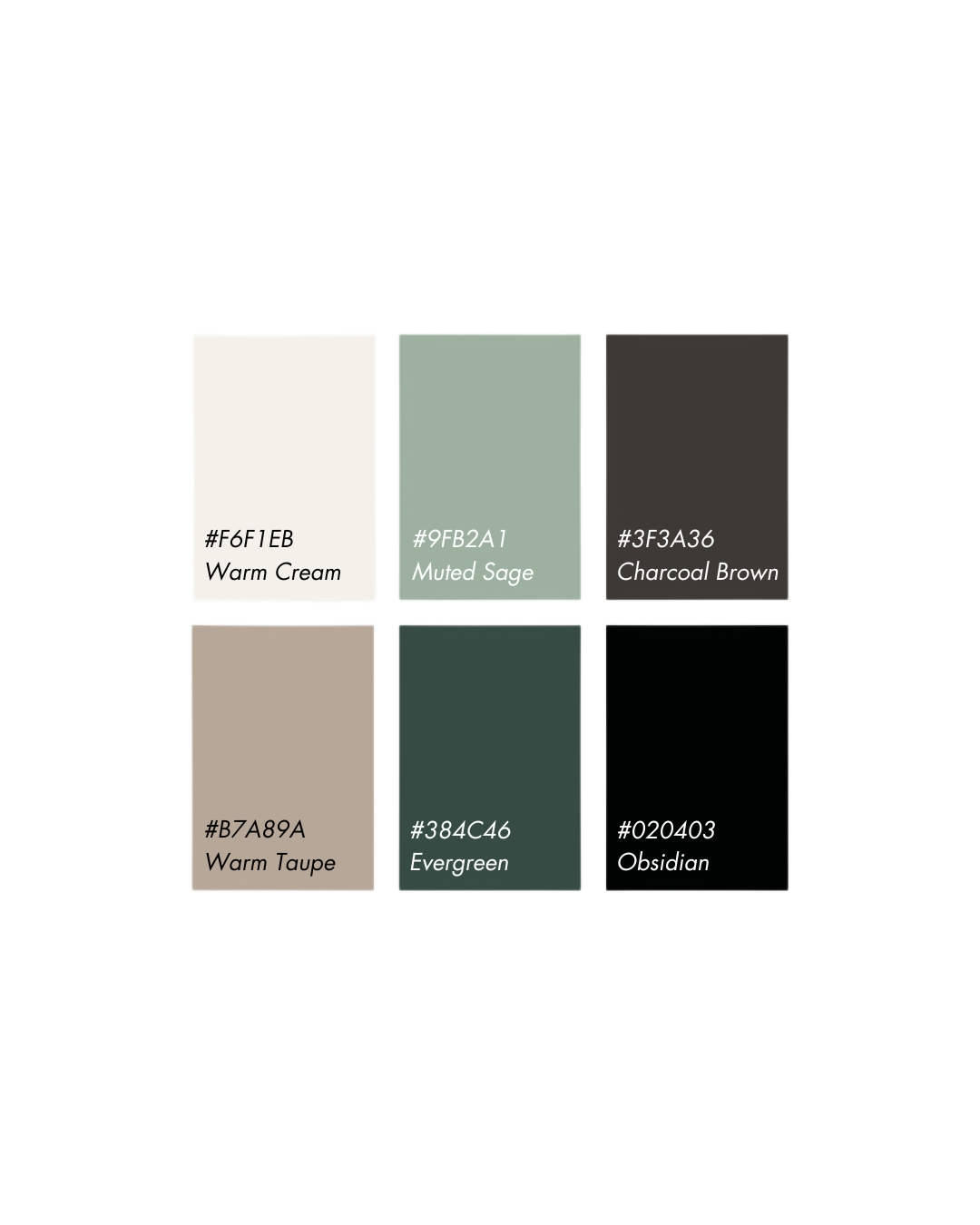 A neutral color palette featuring warm cream, muted sage green, and charcoal brown swatches arranged horizontally.