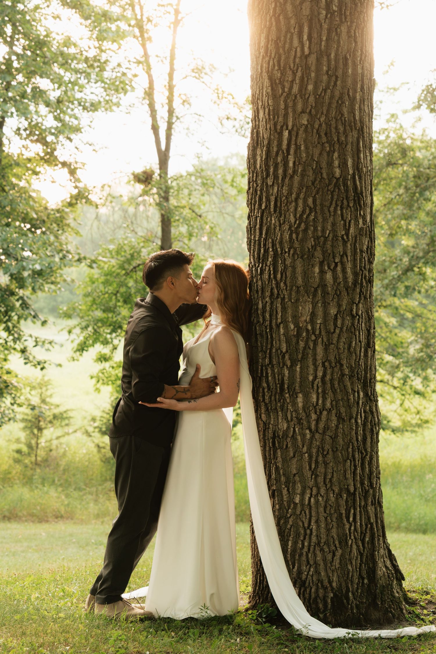 Bride and groom share a romantic kiss beside a large tree in a sunlit green outdoor setting.