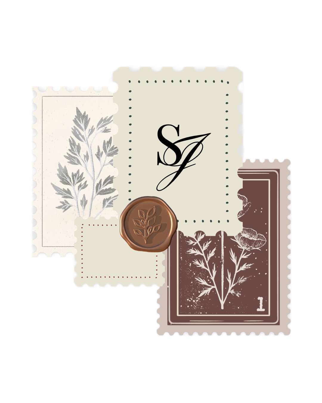 Vintage style postage stamp designs featuring botanical illustrations and decorative elements.