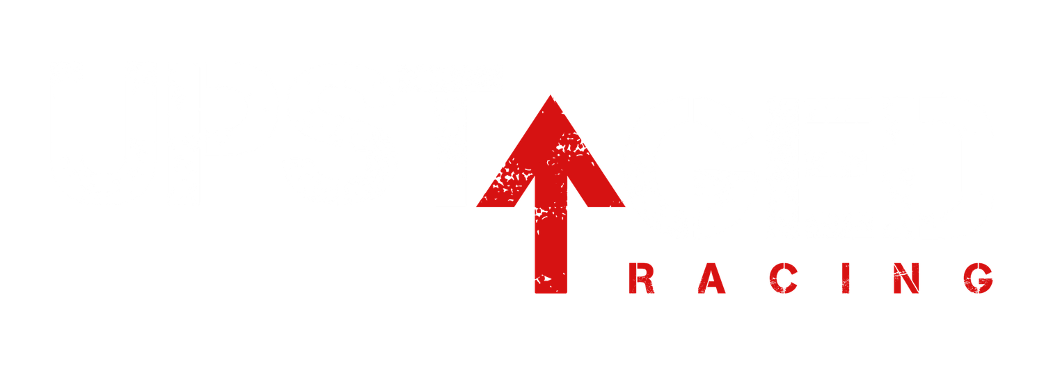 Simple red upward arrow racing logo on white background.