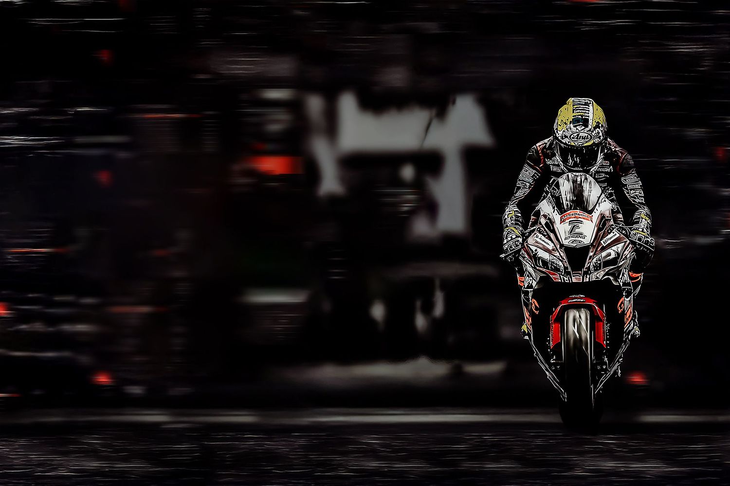 Sport bike racing silhouette against dramatic black background with motion effects.