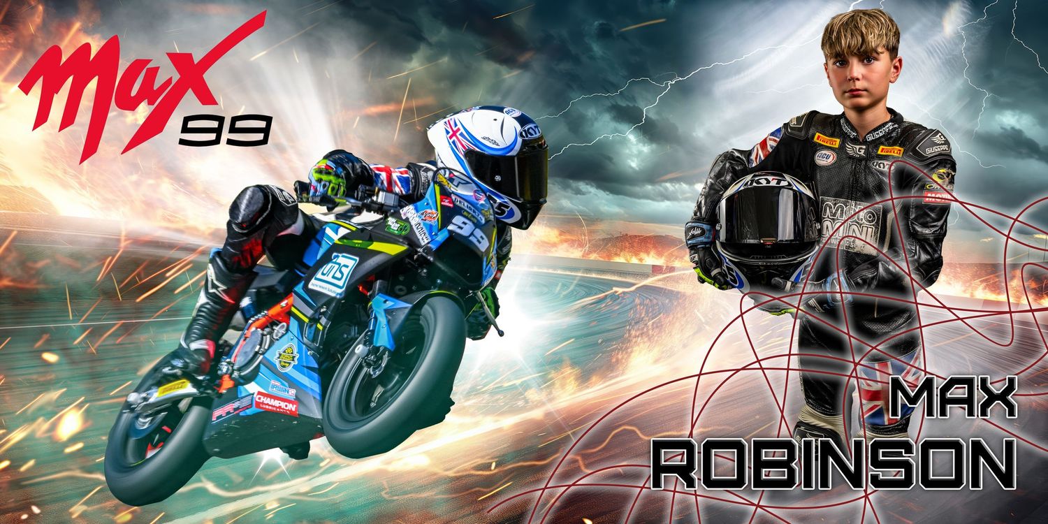 Max Robinson, racing motorcyclist number 99, poses in black gear beside a blue sport bike on a dynamic fiery background.