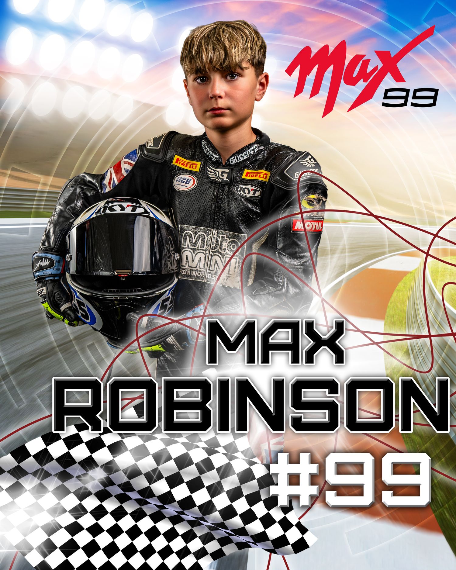 Young motorcycle racer Max Robinson #99 poses in racing leathers holding a helmet in a dynamic motorsport promotional poster.