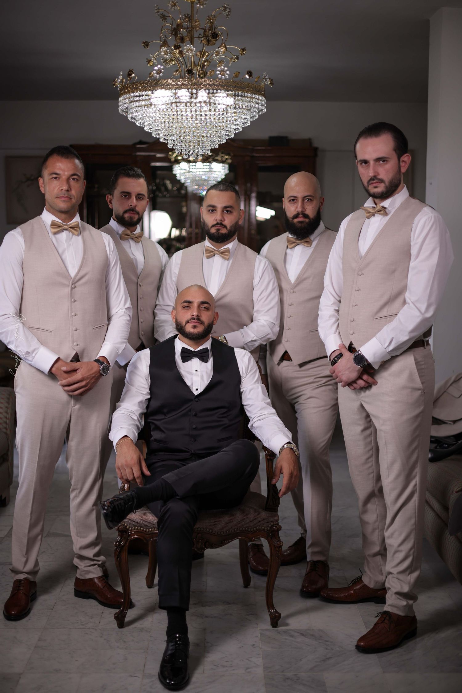 Attractive Lebanese groom and his friends in a group photo at his wedding photoshoot