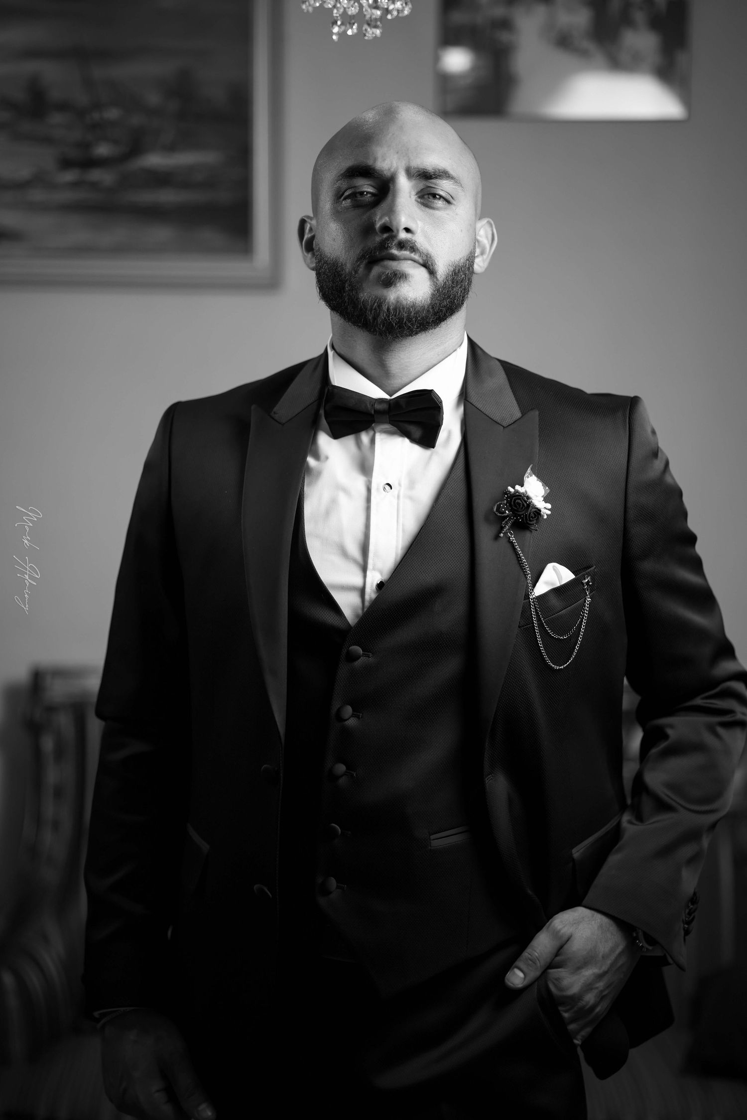 Lebanese groom photoshoot in black and white at his house