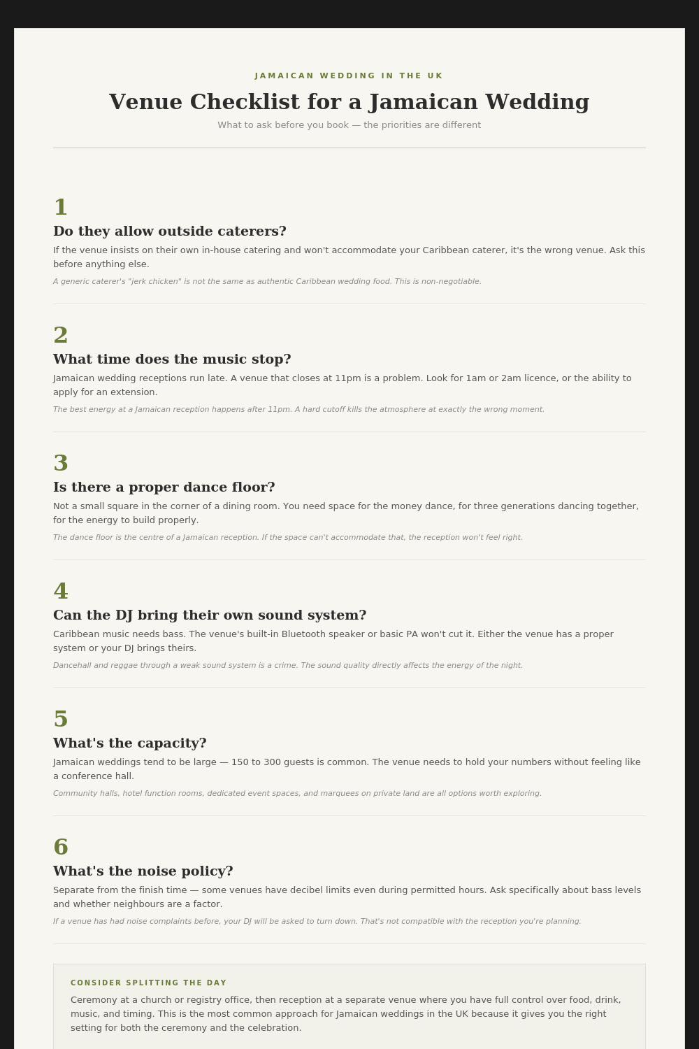 A checklist document titled 'Venue Checklist for a Jamaican Wedding' with multiple questions and checkboxes.